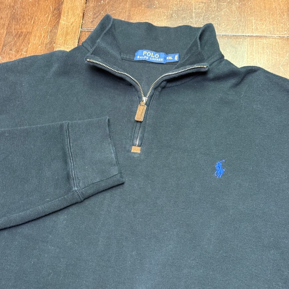 Polo Ralph Lauren Quarter Zip Pullover Mens XXL Black Cotton Leather Pull Logo